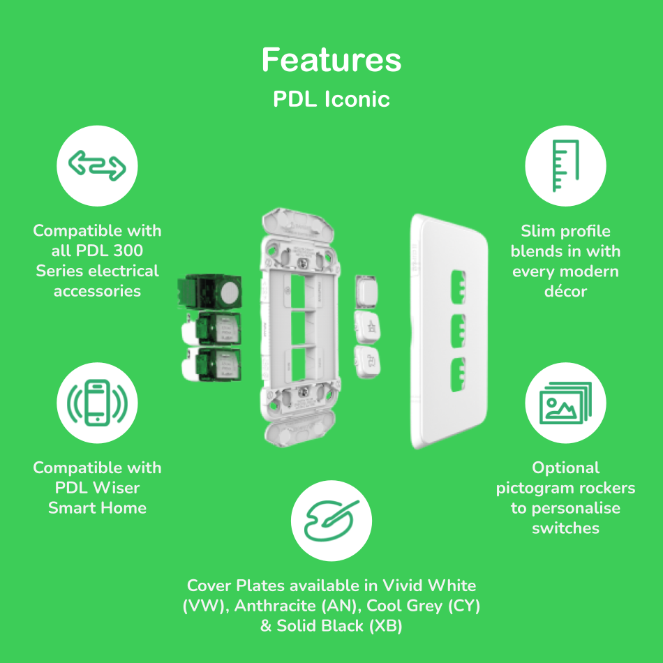 PDL356PB2MBTW-VW - PDL Iconic, Push-Button Bluetooth Connected Switch Module, 240V 2AX